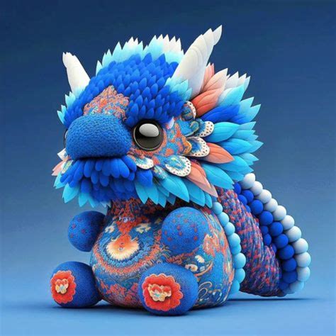 a blue and orange dragon figurine sitting on the ground