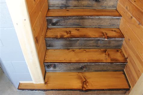 White Pine Natural Edge Stair Treads. Risers are trimmed with Red Pine Log Profile Siding and ...