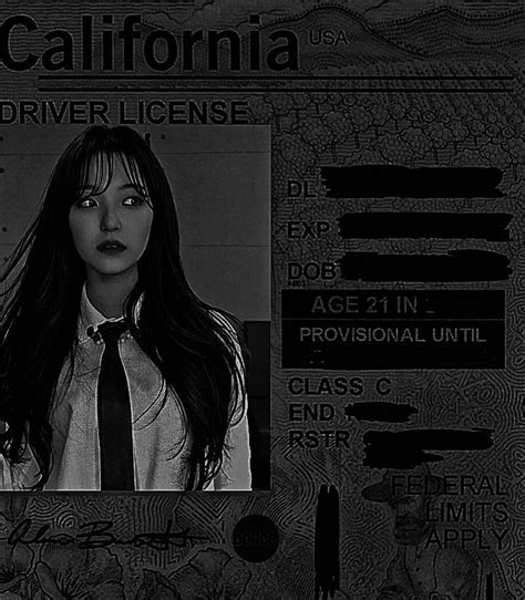a black and white photo of a woman with long hair wearing a tie in front of a california driver ...