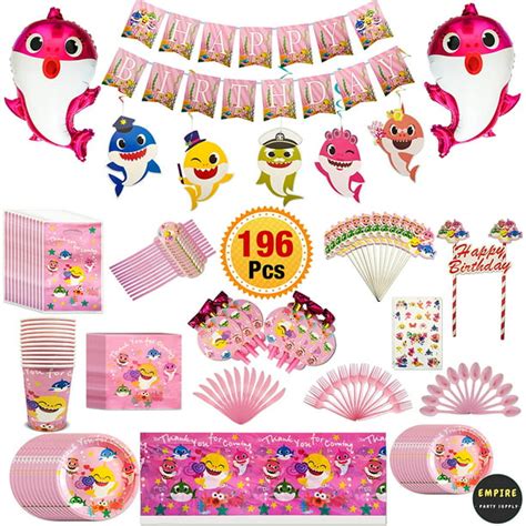 Pink Baby Shark Party Supplies Set & Tableware Kit | Birthday Decorations Bunting, Disposable ...