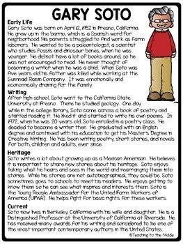 Author Gary Soto Biography Reading Comprehension Worksheet | TPT