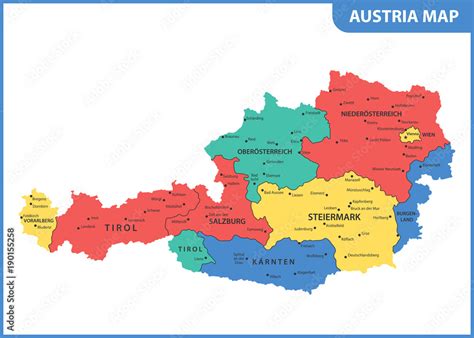 The detailed map of the Austria with regions or states and cities, capital Stock Vector | Adobe ...