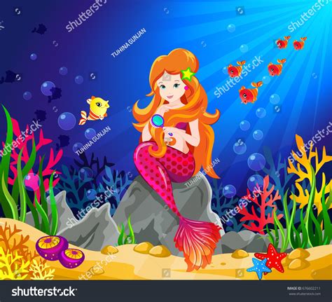 Vector Illustration Underwater Scene Beautiful Mermaid Stock Vector ...