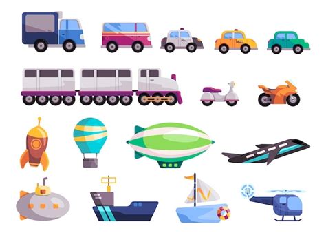 Premium Vector | Transportation set collection kids fun colorful toys ship boat car bike motor ...