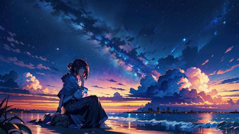 Anime Girl Beach Sunset Art 4K #3211m Wallpaper PC Desktop