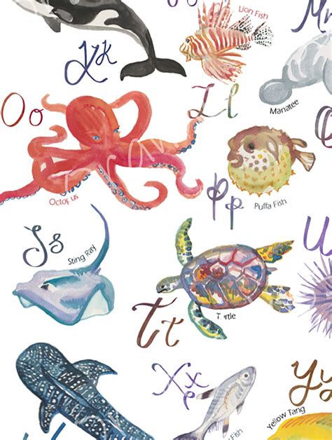 Sea Animals Alphabet Print, A-Z Sea Creatures, Nursery Art, Kids ...