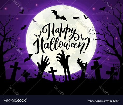 Zombie hands on halloween cemetery landscape Vector Image