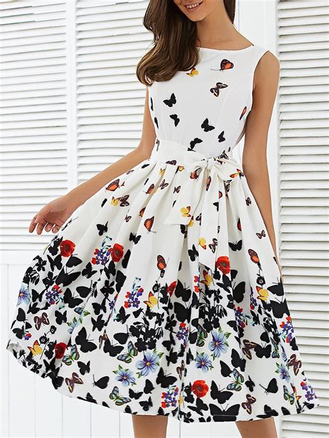 White M Sleeveless Floral Print Self Tie A Line Dress | RoseGal.com