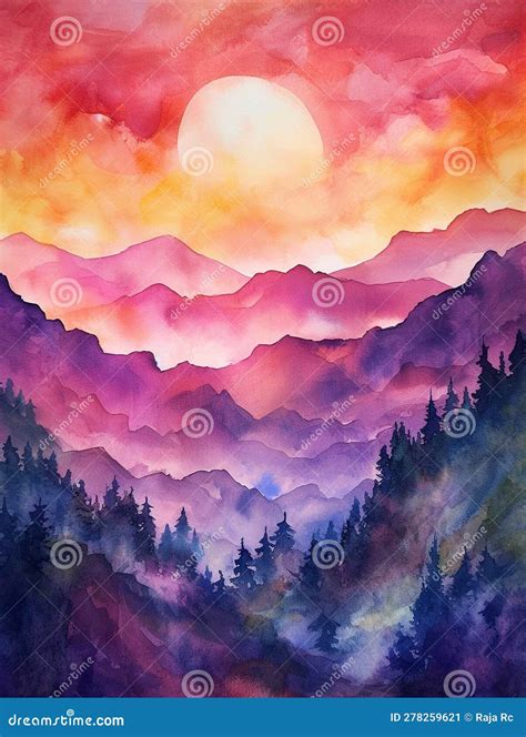 Sunset Over the Mountains - Watercolor Painting Stock Illustration - Illustration of dreamy ...