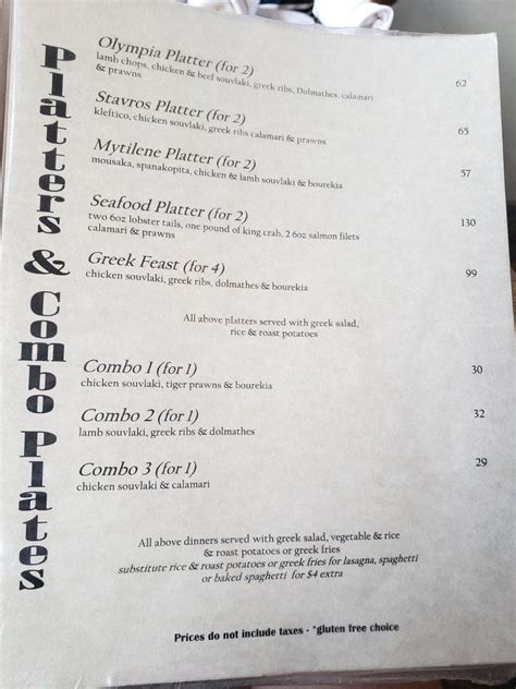 Menu at Olympia Greek Taverna pizzeria, Kelowna