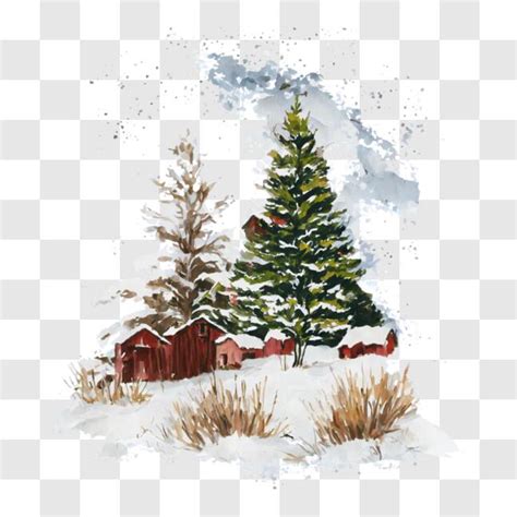 Download Winter Landscape with Snowy Barns and Pine Trees PNG Online - Creative Fabrica