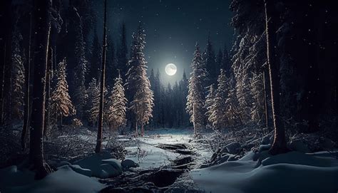 Premium Photo | Snowy winter forest at night with full moongenerative ai