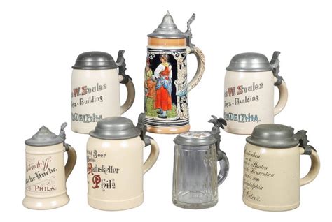 (7) Advertising Beer Steins With Pewter Lids