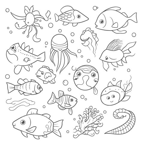 Underwater Animals Coloring Pages Under Sea Cartoon Line Drawing Outline Sketch Vector, Marine ...