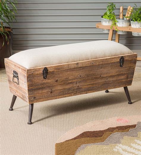 Rustic Wooden Storage Bench with Cushion Top | Wind and Weather