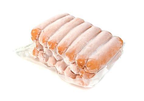 Closeup Frozen Sausage in Plastic Bag with Ice Crystals Isolated on White Background Stock Photo ...