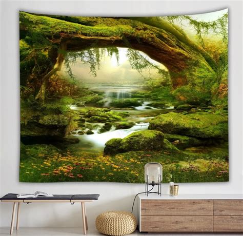 green forest wall hanging art nature jungle river tapestry trees woodland tenture mural tapiz ...