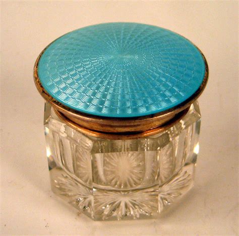 FINE CUT GLASS STERLING AND GUILLOCHE ENAMEL JAR SCENT OR INKWELL For Sale | Antiques.com ...