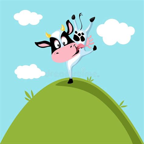 Funny Cow Dancing on Green Hill - Vector Illustration - Flat Stock ...