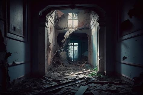 Premium AI Image | The abandoned haunted house's dark hallway filled with debris