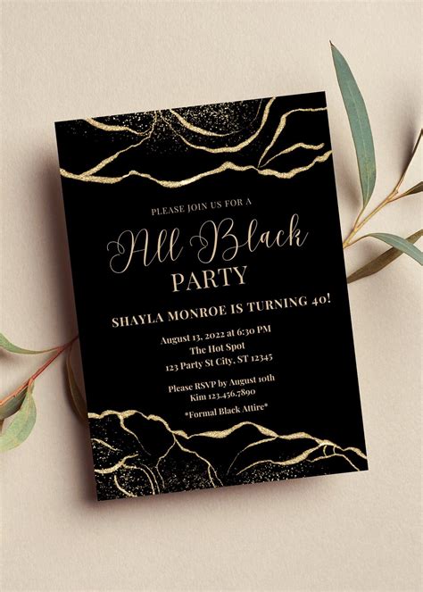 Editable All Black Party Invitation, All Black Affair, Black and Gold ...