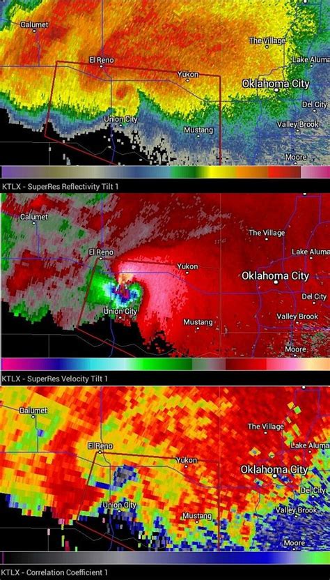 Radar images of El Reno on 05/31/13. Reflectivity (top), Velocity (center), & Correlation ...