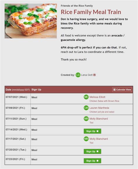 Meal Train Sign Up Sheet