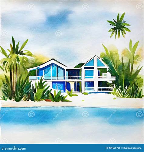 Watercolor of Modern House on the Beach at Stock Illustration ...