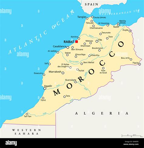 Morocco political map with capital Rabat, national borders, important ...