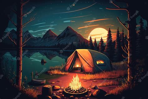 🔥 Download Premium Photo Summer Night Camp With Tent Campfire Trees Lake by @mbell47 | Camping ...