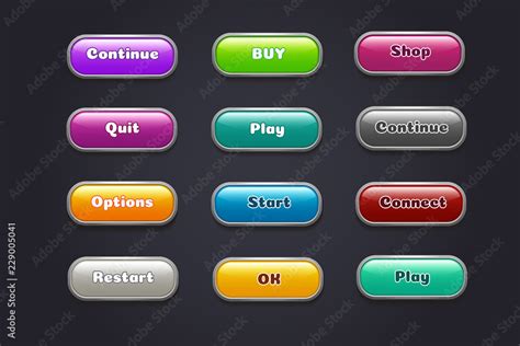 Cartoon buttons. Colorful video game ui elements. Restart and continue ...