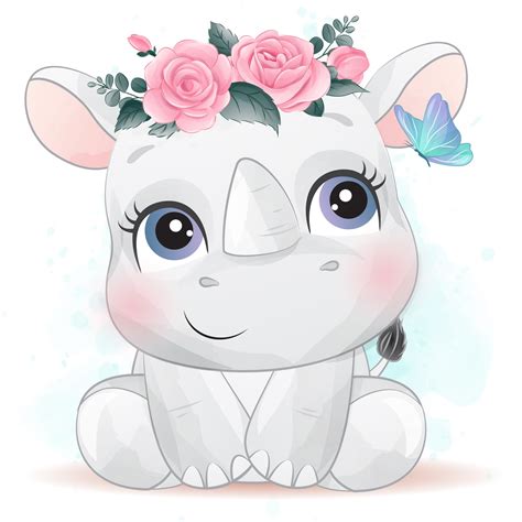 Cute rhino clipart with watercolor illustration