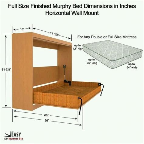 the measurements for a full size murphy - bed dimensionss in inches horizontal wall mount