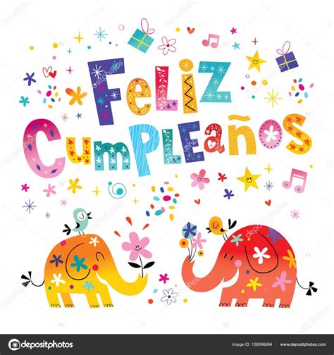 Feliz Cumpleanos Happy Birthday in Spanish greeting card with cute elephants Stock Vector Image ...