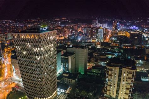 an aerial view of the city at night