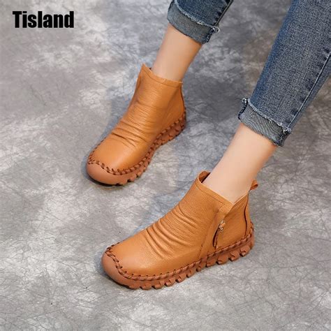 Women Ankle Boots Handmade Genuine Leather Woman Boots Autumn Winter Round Toe Soft Comfotable ...