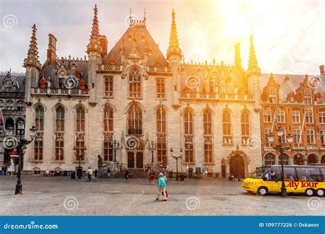 BRUGES, BELGIUM - JUNE 10, 2014: Facades of Big Beautiful Medieval ...