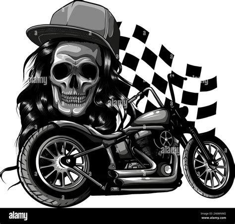 vector monochromatic illustration of custom Motorcycle with woman skull ...