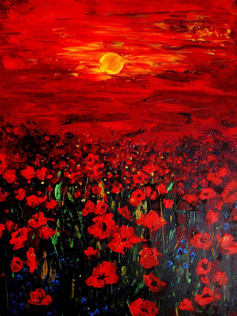 Canvas Print Of Original Oil Painting Poppy Field - Sunset With Poppies - signed - Red Abstract ...