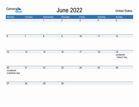 June 2022 - United States Monthly Calendar with Holidays