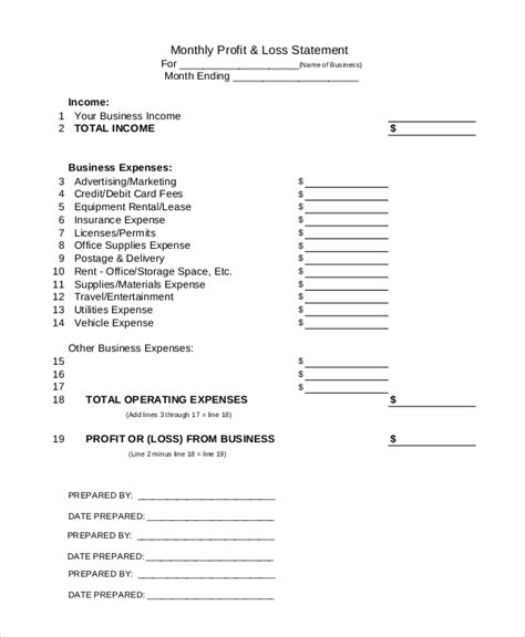 Printable Profit And Loss Form