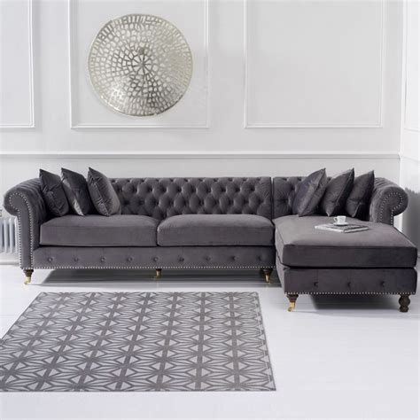 Fiona Grey Velvet Studded Buttoned Chesterfield Right-Side Facing Corner Sofa : F D Brands ...