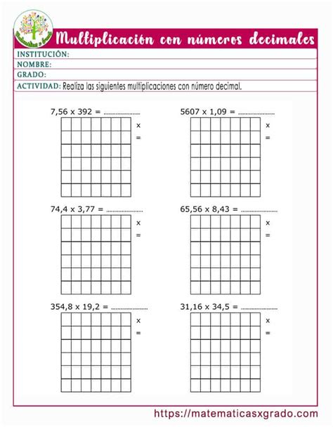 Fichas con ejercicios de multiplicación de números decimales