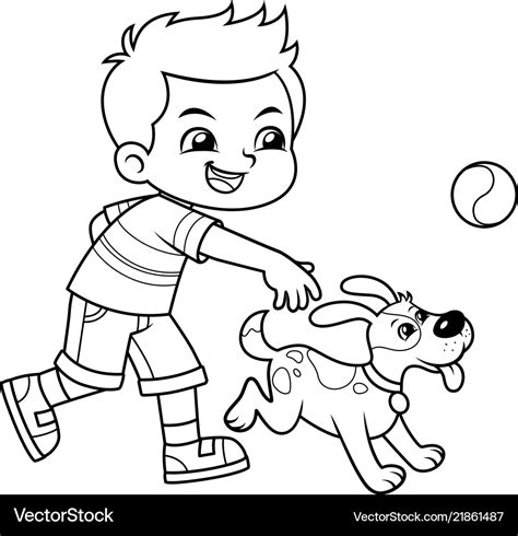 Boy playing with his pet dog bw Royalty Free Vector Image