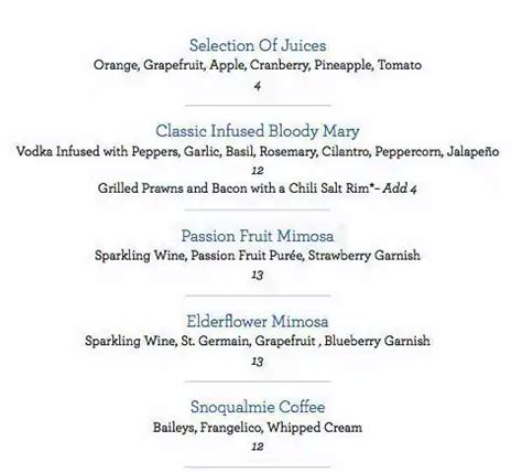 Menu at Salish Lodge Dining Room restaurant, Snoqualmie