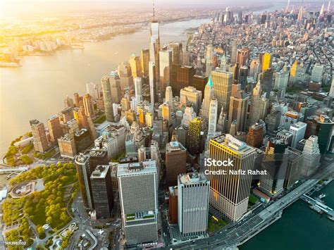 Manhattan Skyline Aerial View Evening Sunset Time Stock Photo ...