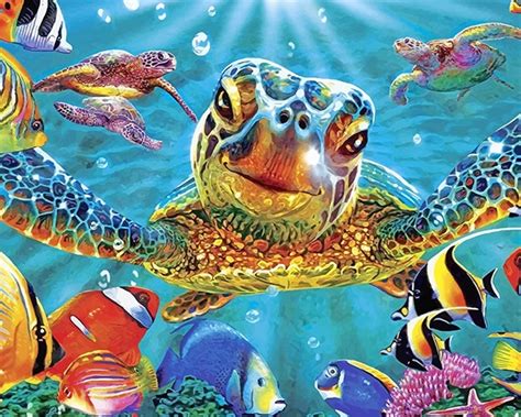 Turtle and Fishes Underwater - Paint By Number - Num Paint Kit