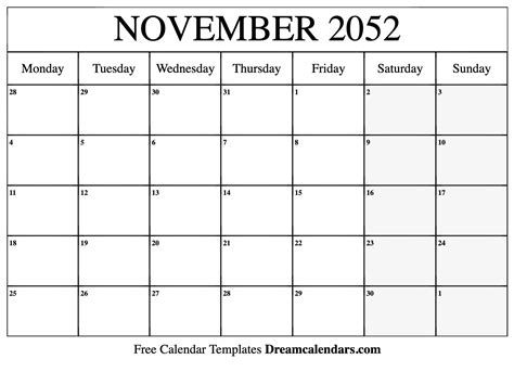 November 2052 Calendar - Free Printable with Holidays and Observances