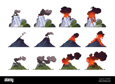 Volcano eruption. Cartoon volcanic mountain with different stages of explosion, flow magma, fire ...