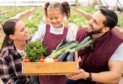 Premium Photo | Farmer family and box with vegetables from agriculture ...